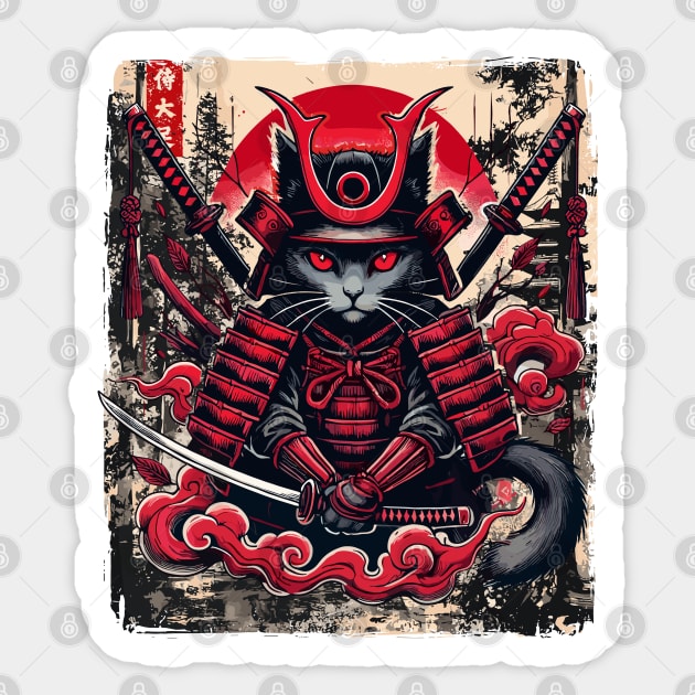 Vintage Samurai Cat Ukiyo E Graphic Japanese Anime Sticker by JessArty